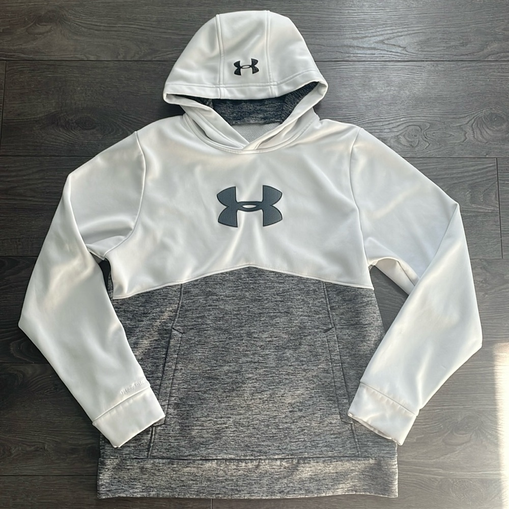 Unisex Under Armour gray white black pull over Hoodie size large